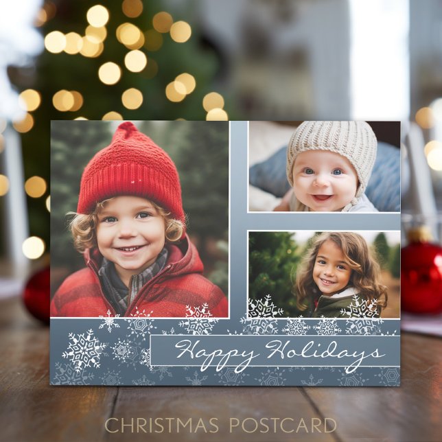 Snowflake Christmas Photo - blue white snowflakes Holiday Postcard (A classic photo postcard with snowflakes and 3 pictures)