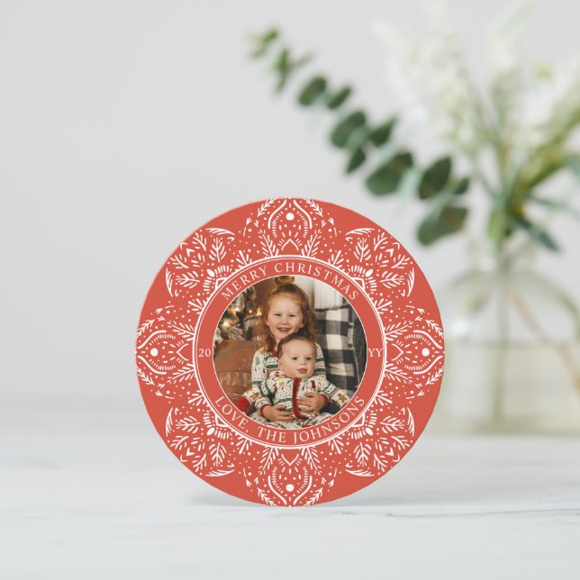 Snowflake Christmas Red Round Photo Holiday Card (Standing Front)
