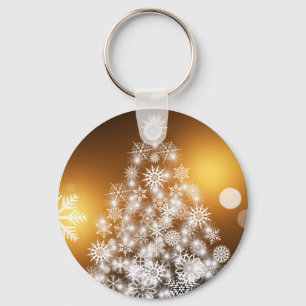 Snowflake Christmas Tree with Golden Background Key Ring