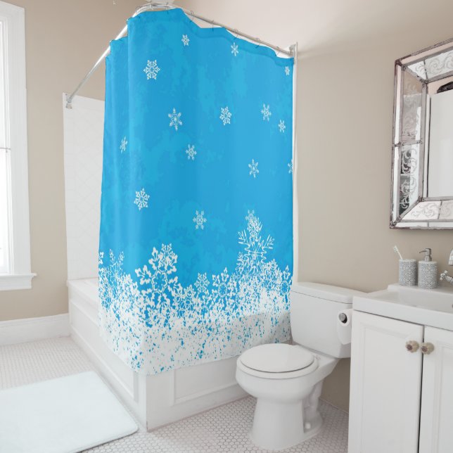 Snowflake Collection Blue Winter Shower Curtain (In Situ)