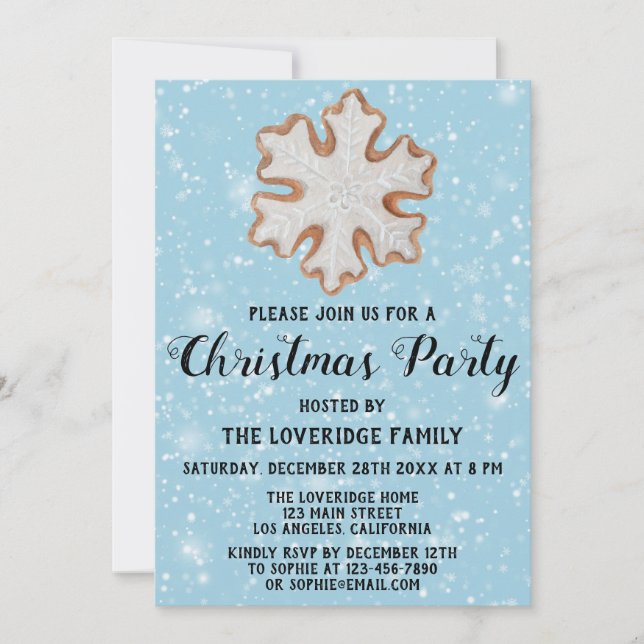 Snowflake Cookie Holiday Christmas Party Blue Snow Invitation (Front)