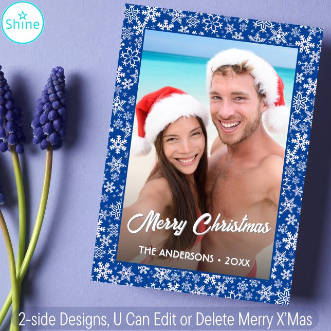 Snowflake Custom Photo 2 Side Design Elegant Blue Holiday Card (Creator Uploaded)