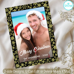 Snowflake Custom Photo Black & Gold 2 Side Design Holiday Card