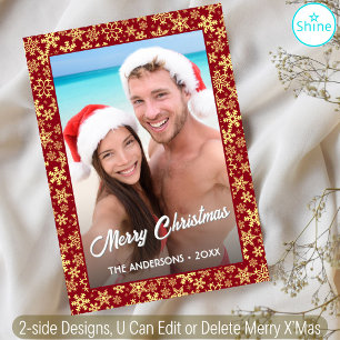 Snowflake Custom Photo Christmas Red 2 Side Design Holiday Card