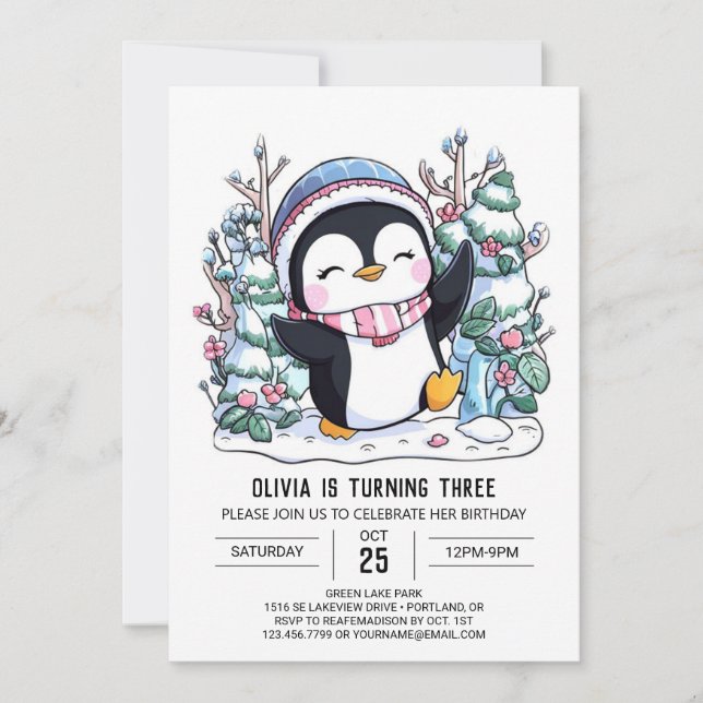 Snowflake Cute Penguin Digital Birthday Invitation (Front)