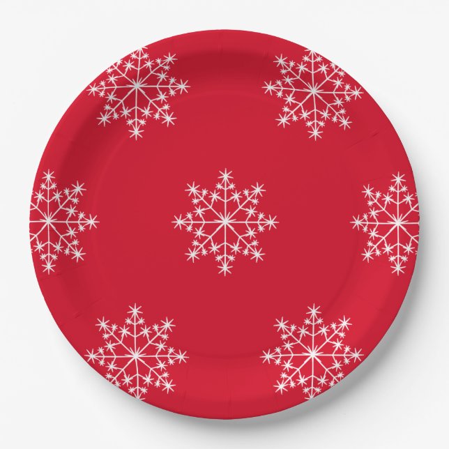 Snowflake Design Christmas Red Holiday Paper Plate (Front)