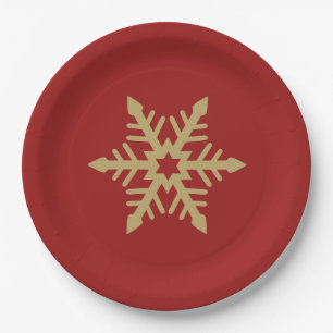 Snowflake Design Gold on Red Paper Plate