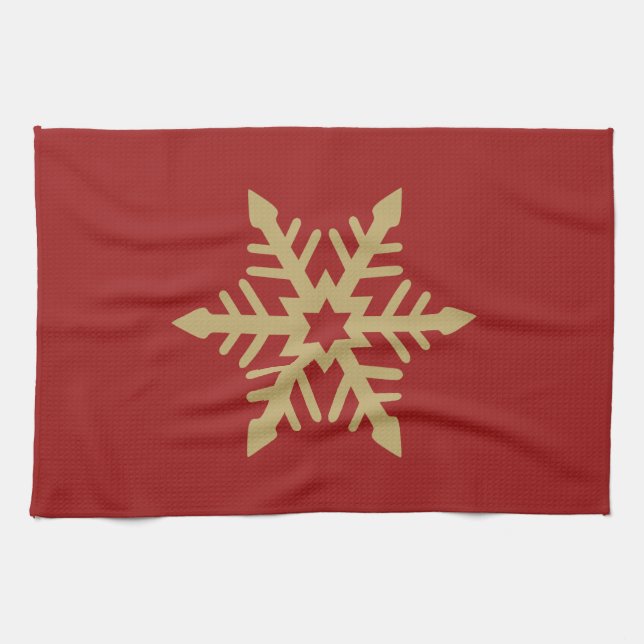 Snowflake Design Gold on Red Tea Towel (Horizontal)