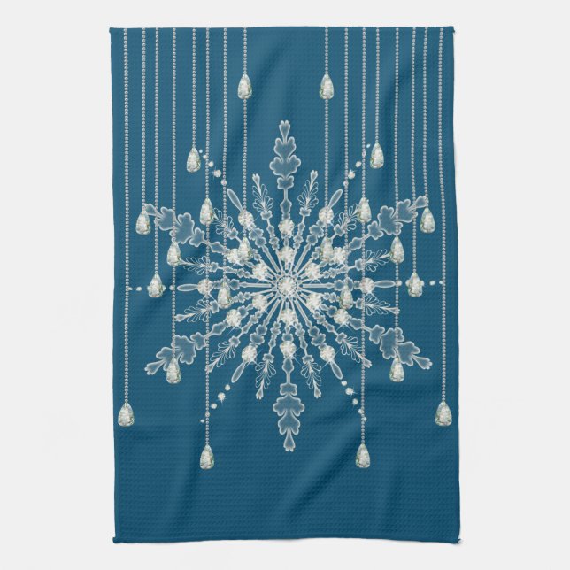 Snowflake diamond elegant winter blue grey tea towel (Vertical)