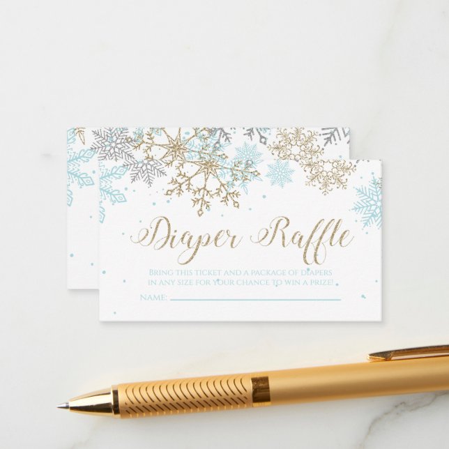 Snowflake Diaper Raffle Blue Gold Glitter Enclosure Card (Front/Back In Situ)