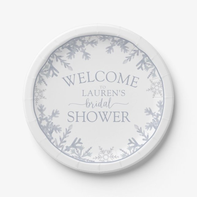 Snowflake Dusty Blue Modern Winter Bridal Shower Paper Plate (Front)