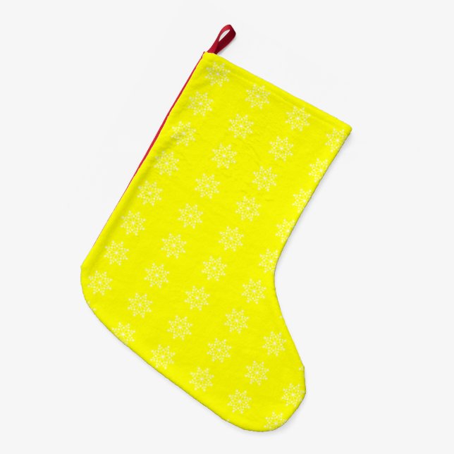 Snowflake Electric Yellow Xmas Holiday Christmas Large Christmas Stocking (Front (Hanging))