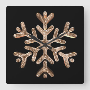 Snowflake Elegant Black and Gold Square Wall Clock