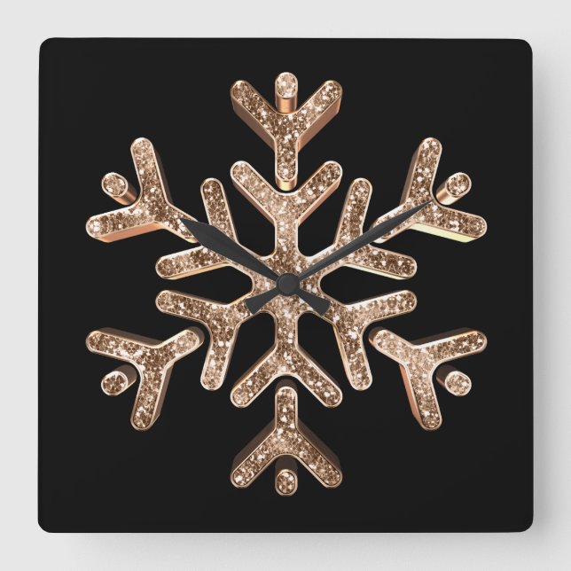 Snowflake Elegant Black and Gold Square Wall Clock (Front)