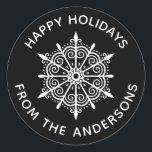 Snowflake Elegant Black White Winter Christmas Classic Round Sticker<br><div class="desc">A festive black and white happy holidays snowflake sticker that adds that finishing touch to your Christmas Cards. Designed for you by Blackberry Boulevard.</div>