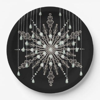 Snowflake elegant jewel look winter black grey paper plate