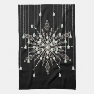 Snowflake elegant jewel look winter black grey tea towel
