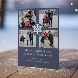 Snowflake Emblem Photo Collage   Blue Holiday Card
