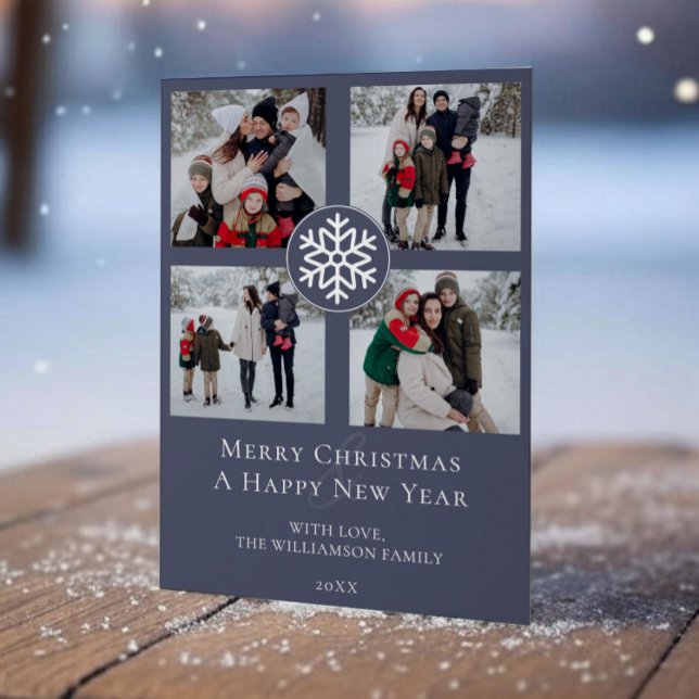 Snowflake Emblem Photo Collage | Blue Holiday Card (Blue Snowflake Emblem Photo Collage Holiday Photo Card)