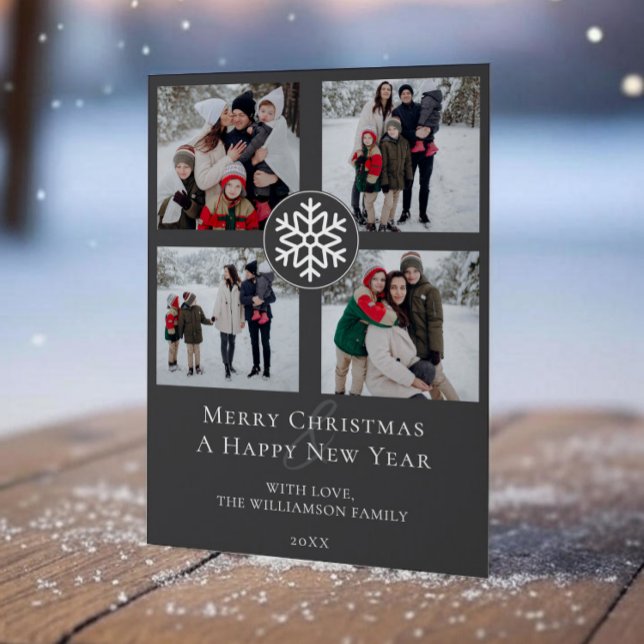 Snowflake Emblem Photo Collage | Charcoal Grey Holiday Card (Gray Snowflake Emblem Photo Collage Holiday Photo Card)