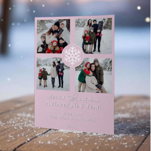 Snowflake Emblem Photo Collage Pink Holiday Card