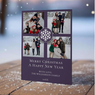 Snowflake Emblem Photo Collage   Purple Holiday Card