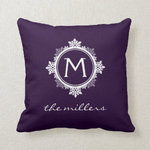 Snowflake Family Monogram in Dark Purple & White Cushion