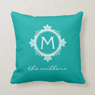 Snowflake Family Monogram in Teal Blue & White Cushion