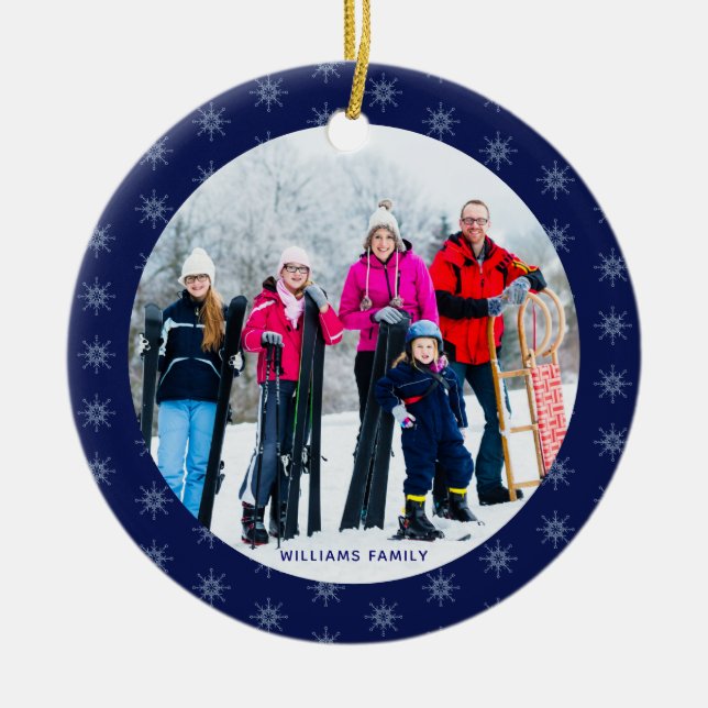 Snowflake Family Photo Name Large Clock Ceramic Ornament (Front)