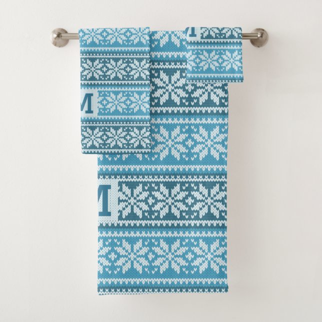 Snowflake Faux Knit Sweater Monogram Blue Bath Towel Set (Insitu)