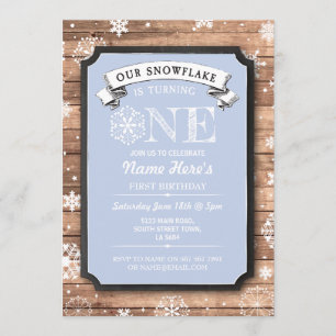 Snowflake First Birthday Blue Wood Winter Invite