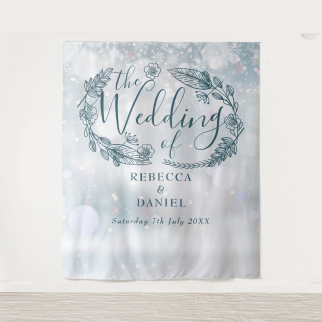 Snowflake Floral Winter Wedding Backdrop Tapestry (Front)