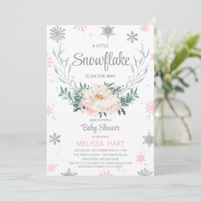 Snowflake Floral Wreath Winter Girls Baby Shower   Invitation (Standing Front)