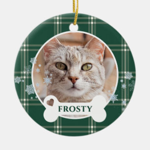 Snowflake Forest Green Christmas Plaid Custom Cat Ceramic Ornament