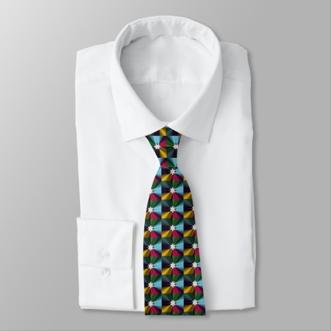 Snowflake Fractal Pattern Green Gold Turquoise Tie (Tied)
