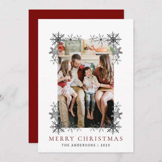 Snowflake Frame Christmas | Elegant Family 1 Photo Holiday Card (Front/Back)