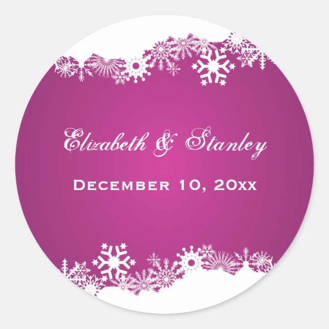 Snowflake fuchsia winter wedding Save the Date Classic Round Sticker (Front)