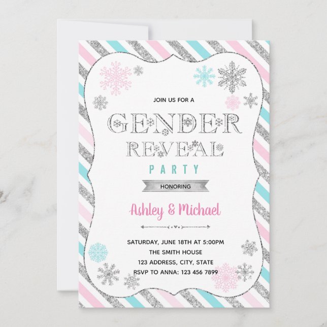 Snowflake gender reveal party theme invitation (Front)