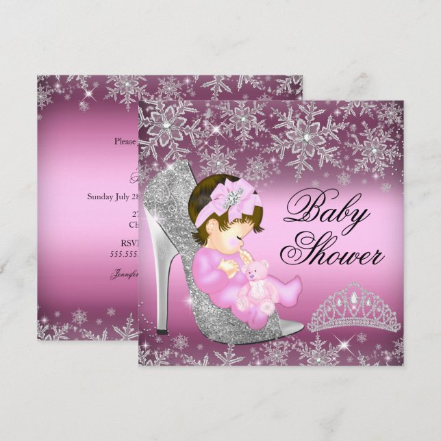 Snowflake Glitter Shoe Girl Baby Shower Invitation (Front/Back)