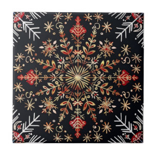 Snowflake Gold and Red Ceramic Tile