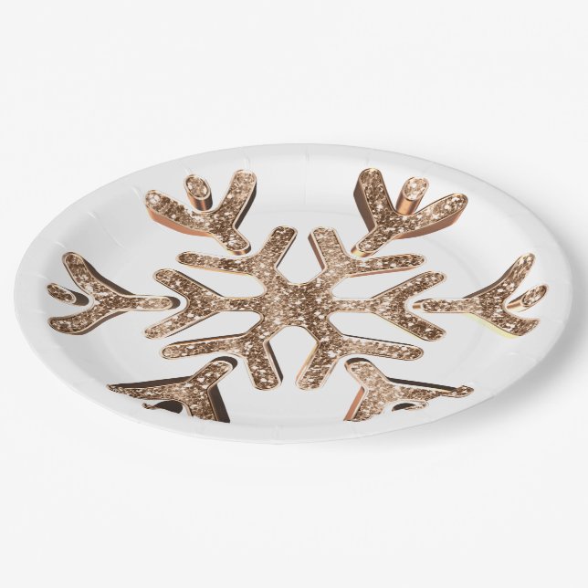 Snowflake Gold and White Festive Faux Glitter Paper Plate (Angled)