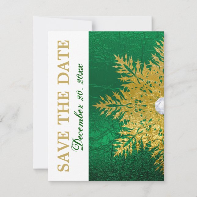Snowflake gold emerald green wedding Save the Date (Front)