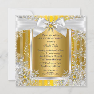 Snowflake Gold Silver Bow Winter Wonderland Party Invitation
