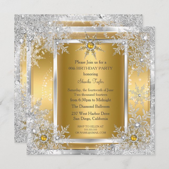 Snowflake Gold Silver Winter Wonderland Party 2 Invitation (Front/Back)
