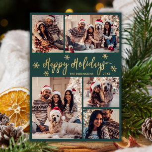 Snowflake Green and Gold 5 Photo Collage Christmas Holiday Card
