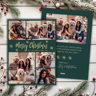 Snowflake Green and Gold 5 Photo Collage Christmas Holiday Card