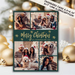 Snowflake Green and Gold 5 Photo Collage Christmas Holiday Card<br><div class="desc">Modern Simple Elegant Calligraphy Green and Gold Snowflakes 5 Photo Collage Merry Christmas Script Holiday Card. PLEASE NOTE, THESE 6.5" X 8.75" SIZE CARDS ARE LARGER THAN AVERAGE, DUE TO THE LARGER CARD SIZE, IT'S ALMOST CERTAIN THAT THE POSTAGE COSTS WILL BE HIGHER. IF YOU PREFER THE STANDARD 5X7" SIZE,...</div>