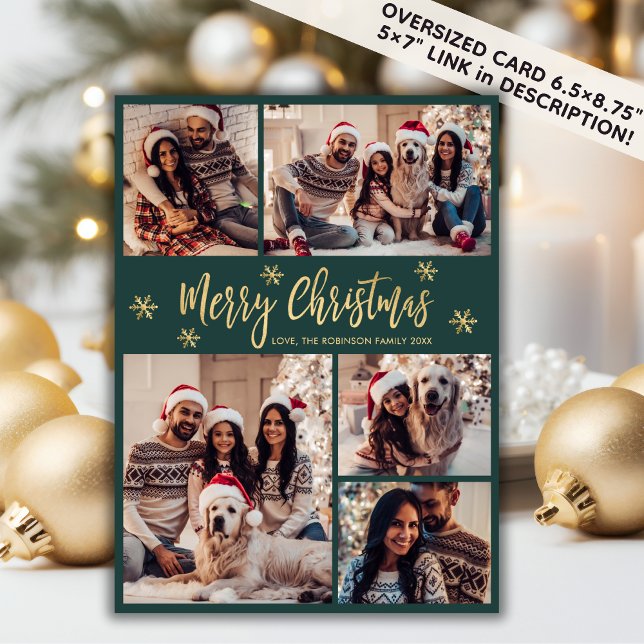 Snowflake Green and Gold 5 Photo Collage Christmas Holiday Card (Creator Uploaded)
