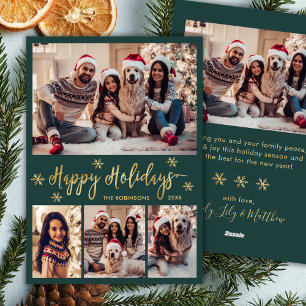 Snowflake Green and Gold 5 Photo Collage Happy Holiday Card