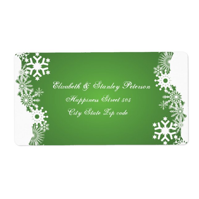 Snowflake green white winter wedding label (Front)